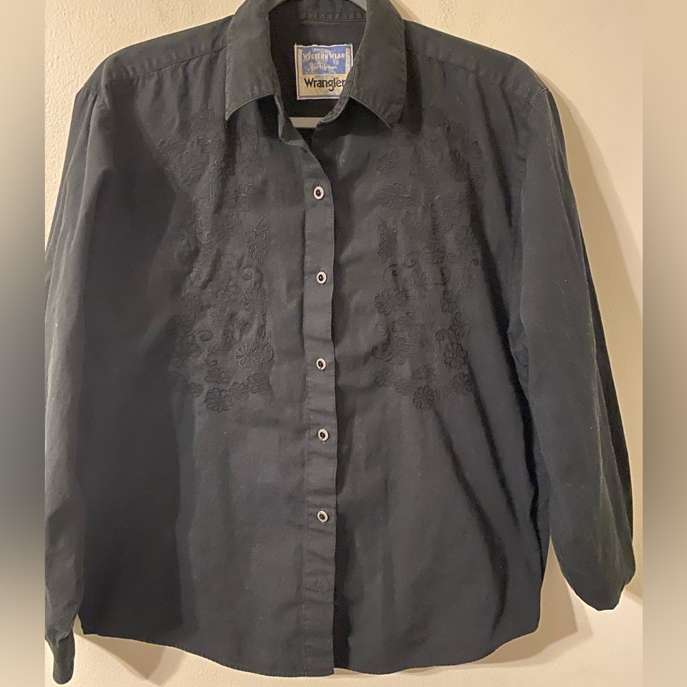 VTG Vintage Wrangler Western Black Button Up Shirt Floral Embroidered Size Large